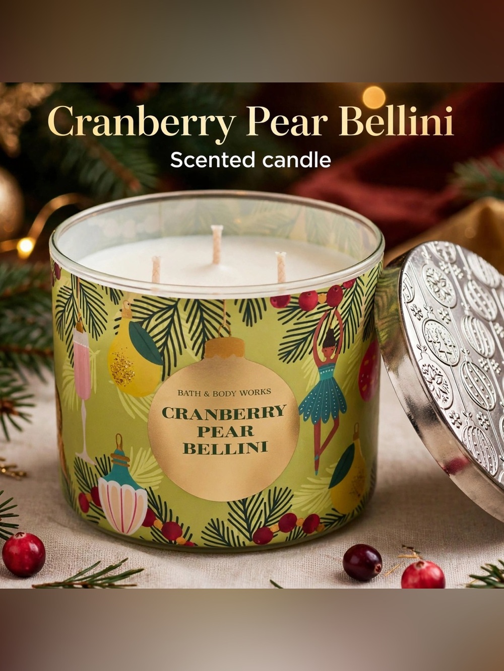 Bath & Body Works Cranberry Pear Bellini Holiday 3-Wick Candle - Green & Gold
